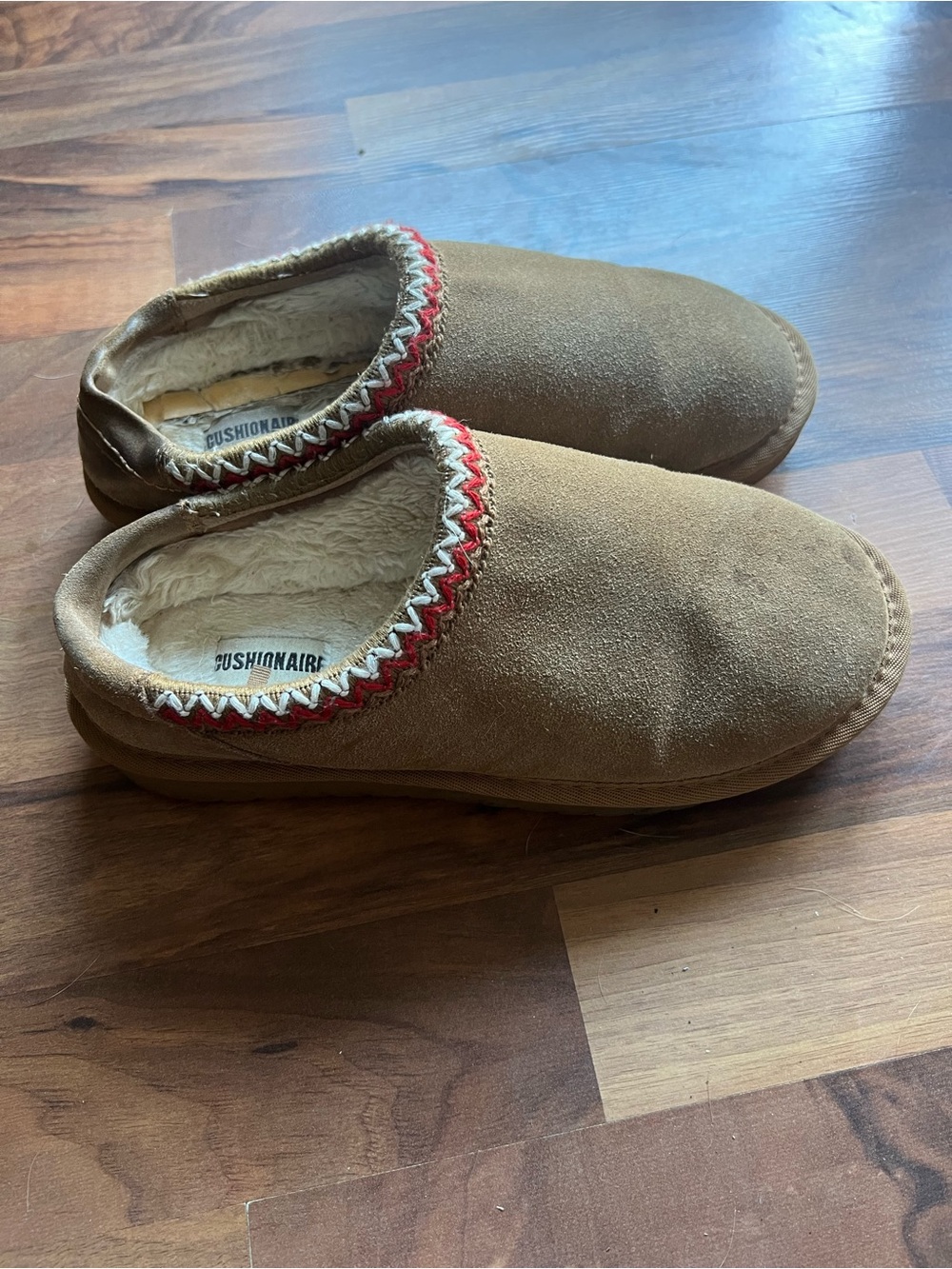 Brown Suede Slip-On Slippers with Red Trim